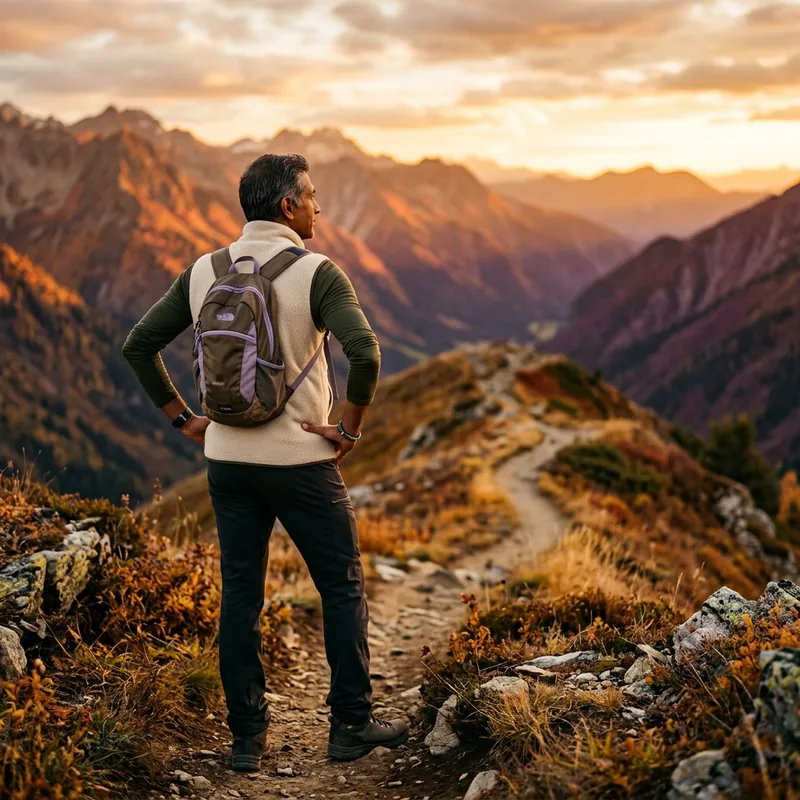 Fit-realistic man in his mid 50s hiking a ridge trail at golden hour