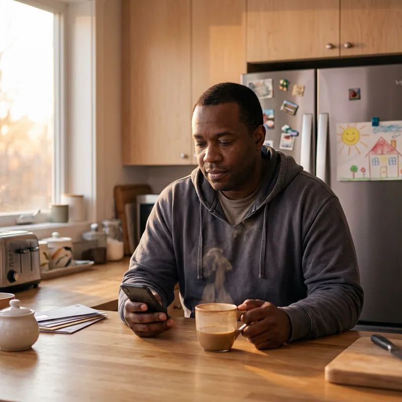 Black man in his early 40s with coffee at his kitchen counter at sunrise