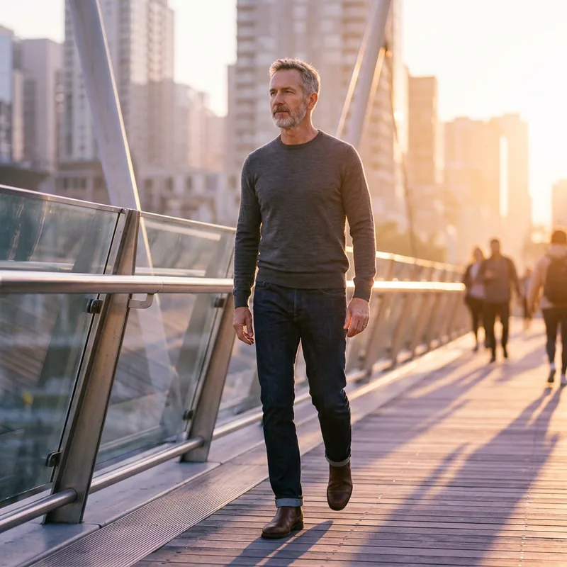 Man in his early 60s walking confidently on a modern footbridge at sunrise