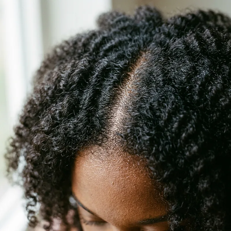 Close-up of healthy hair part on darker skin tone